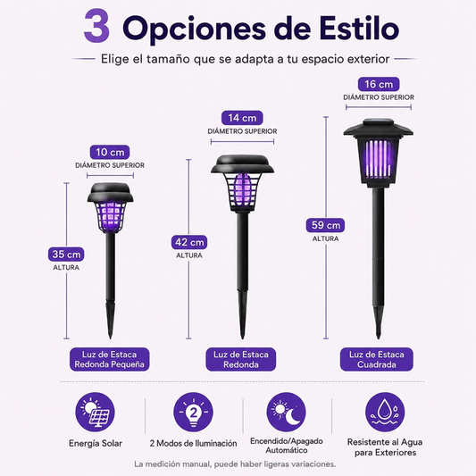 Lámpara Antimosquitos Solar para Jardín y Exterior — Carga Solar, Efecto Inmediato