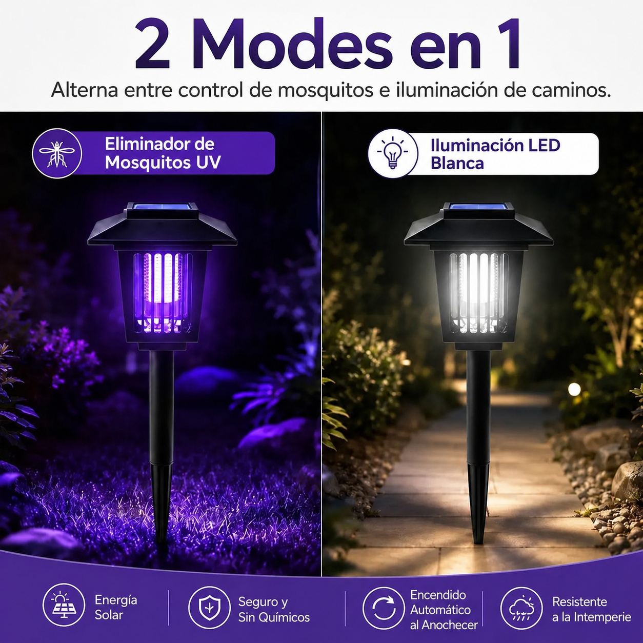 Lámpara Antimosquitos Solar para Jardín y Exterior — Carga Solar, Efecto Inmediato
