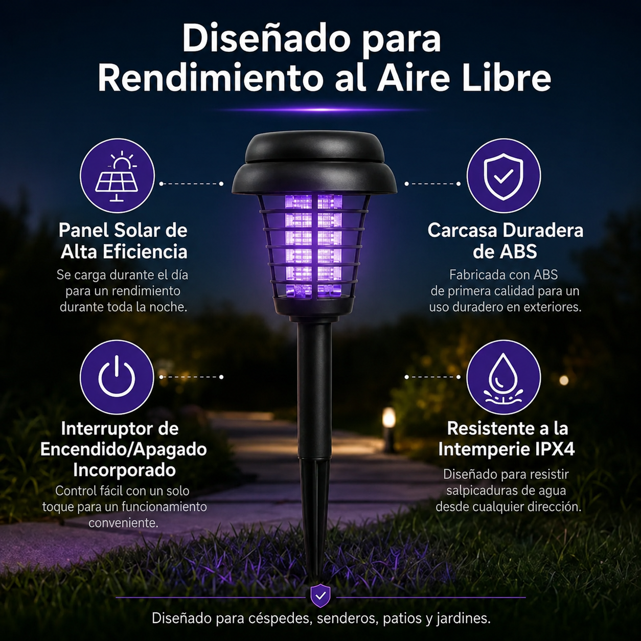 Lámpara Antimosquitos Solar para Jardín y Exterior — Carga Solar, Efecto Inmediato